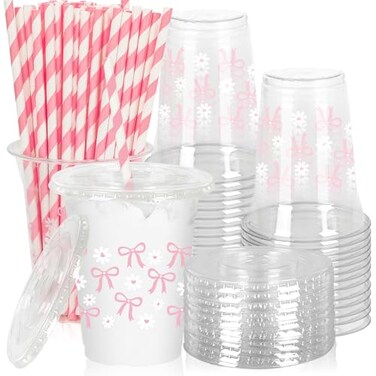 JarThenaAMCS 50 Pcs Pink Bow Plastic Cups with Lids and Straws 12 Oz Cute Pink Bow Daisy Clear Plastic Cups Disposable Cup for Summer Bridal Baby Shower Birthday Wedding Party Supplies