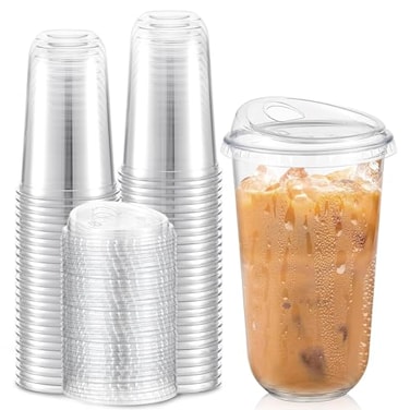 Ziliny 50 Sets Clear Plastic Coffee Cups with Sip Lids Disposable Plastic PET Crystal Cups for Iced Coffee Smoothie Cold Beverage Drink Shops and Party CateringClear18 oz