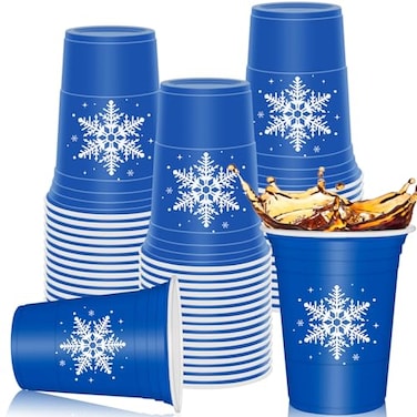 Whaline 50 Pack Winter Snowflake Plastic Cups Blue Winter Wonderland Clear Plastic Cups Christmas Winter Disposable Party Cups for Hot Cold Drinks Party Supplies 16oz