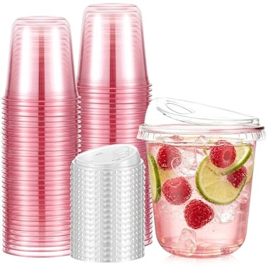 Ziliny 50 Sets Clear Plastic Coffee Cups with Sip Lids Disposable Plastic PET Crystal Cups for Iced Coffee Smoothie Cold Beverage Drink Shops and Party CateringClear Pink12 oz