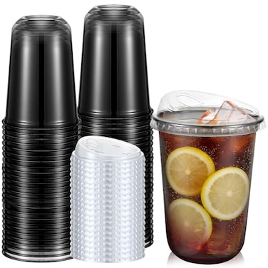 Ziliny 50 Sets Clear Plastic Coffee Cups with Sip Lids Disposable Plastic PET Crystal Cups for Iced Coffee Smoothie Cold Beverage Drink Shops and Party CateringClear Black16 oz