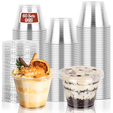 GGOLDMER 60 Pack 9 oz Clear Plastic Cups with Lids No Hole Dessert Cups Disposable Cups with Lids for Ice Cream Fruit Pudding Cake Cold Drinks Smoothie and Snacks