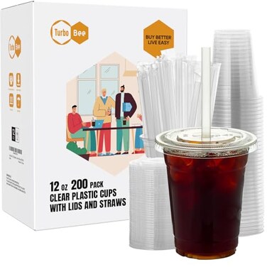Turbo Bee 200 Sets 12 OZ Clear Plastic Cups with Lids and Straws Disposable To Go Iced coffee cups with lids for Cold Drinks Smoothie and Slushie