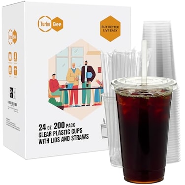 Turbo Bee 200 Sets 24 OZ Clear Plastic Cups with Lids and Straws Disposable To Go Iced coffee cups with lids for Cold Drinks Smoothie and Slushie