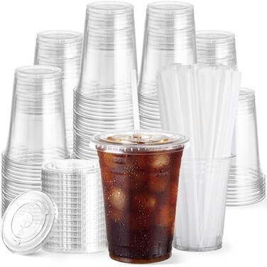 Boxential 100 Pack 16 oz Clear Plastic Cups with Lids and Straws Disposable Coffee Cups with Lids To Go Iced Coffee Cups with Lids Disposable Cups for Party Smoothie Cup for Cold Drinks