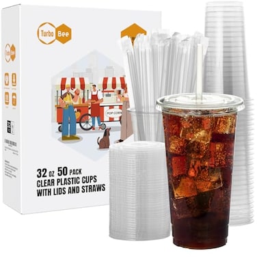 Turbo Bee 50 Sets 32 OZ Clear Plastic Cups with Lids and Straws Disposable To Go Iced coffee cups with lids for Cold Drinks Smoothie and Slushie