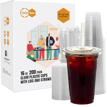 Turbo Bee 200 Sets 16 OZ Clear Plastic Cups with Lids and Straws Disposable To Go Iced coffee cups with lids for Cold Drinks Smoothie and Slushie