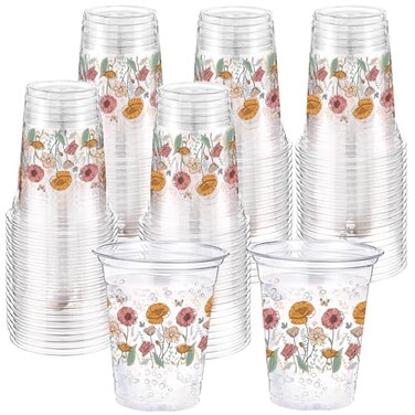 Hushee 60 Pcs Floral Cups with Spring Summer Fall Flower 16 oz Wildflowers Plastic Disposable Drinking Cups for Summer Spring Autumn Birthday Baby Shower Party SuppliesBoho Flower