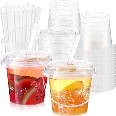Funnymoom 30 Set 24oz Clear Plastic Drink Buckets with Lids and Straws Disposable Iced Coffee Cups Rum Buckets for Cocktail Parties Smoothie Cup Bulk with Handles for Beach Pool Party Supplies