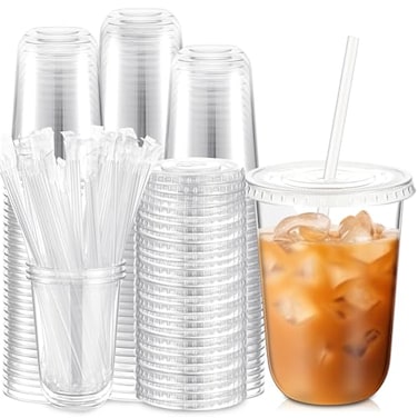 Ziliny 100 Sets Clear Plastic Cups with Lids and Straws Disposable Iced Coffee Cups Clear Drinking Cups for Cold Drinks Juice Smoothie Pet Cup for Coffee Shops Party Christmas16 oz