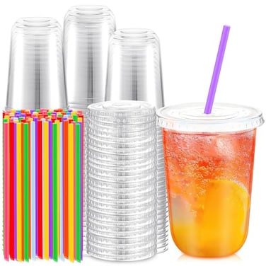 Ziliny 100 Pack 16 oz Plastic Cups with Lids and Straws Clear Disposable Round Bottom Coffee Cups Dirty Soda Bar Supplies for Iced Coffee Cold Drinks Juice Smoothies Milkshakes