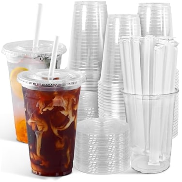 Ginkgo 100Pack 20oz Clear Plastic Iced Coffee Cups with Lids and Straws LeakProof Sturdy Disposable To Go Cups for Smoothies Dirty Soda Cold Beverages Coffee Bar Accessories