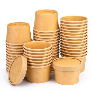 Giwrmu 8 Oz Paper Soup Containers with Lids 50 Pack Kraft Biodegradable Ice Cream Cups Disposable Paper Soup Cups Microwave Safe Party Cups Eco Friendly Alternative to Plastic Containers