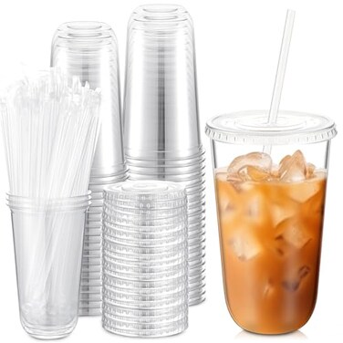 Ziliny 50 Sets Clear Plastic Cups with Lids and Straws Disposable Iced Coffee Cups Drinking PET for Cold Drinks Juice Smoothie Coffee Shops Party Christmas 18 ozClear