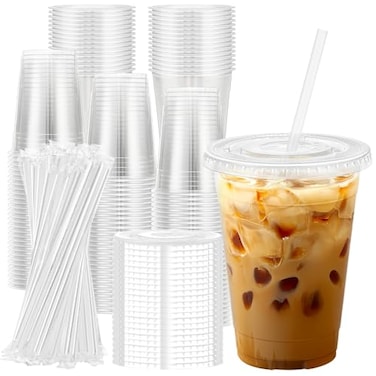 Lamosi 100 Pack 16 oz Clear Plastic Cups with Lids and Straws Disposable Plastic Coffee Cups with Lids for Iced Coffee Cold Beverages Smoothies and ToGo Drinks