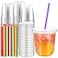 Ziliny 100 Pack 12 oz Plastic Cups with Lids and Straws Clear Disposable Round Bottom Coffee Cups for Iced Coffee Cold Drinks Juice Smoothies Milkshakes