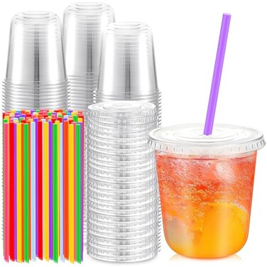 Ziliny 100 Pack 12 oz Plastic Cups with Lids and Straws Clear Disposable Round Bottom Coffee Cups for Iced Coffee Cold Drinks Juice Smoothies Milkshakes