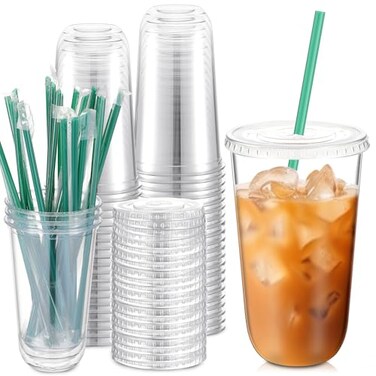 Baderke 25 Set Plastic Cups with Lids and Straws Disposable Plastic Iced Coffee Cup for Cold Beverage Juice Smoothie Crystal for Coffee Shops Party CateringClear18 oz