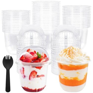Panxxsen 50 Pack 12oz Plastic Parfait Cups with Dome LidsYogurt Parfait Cups with SporksClear Plastic Cup with Dome LidsNo Hole for YogurtDessertIce CreamCupcakeSnacksPuddingFruits