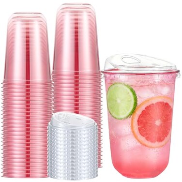 Ziliny 50 Sets Clear Plastic Coffee Cups with Sip Lids Disposable Plastic PET Crystal Cups for Iced Coffee Smoothie Cold Beverage Drink Shops and Party Catering Pink16 oz