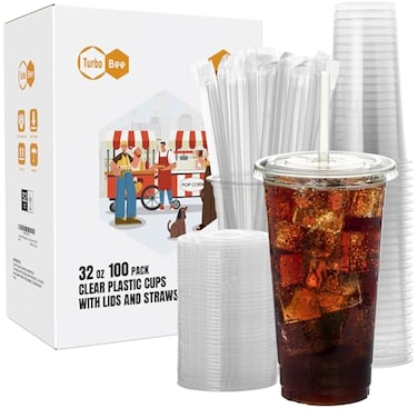 Turbo Bee 100 Sets 32 OZ Clear Plastic Cups with Lids and Straws Disposable To Go Iced coffee cups with lids for Cold Drinks Smoothie and Slushie