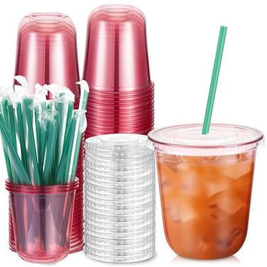 Baderke 25 Set Plastic Cups with Lids and Straws Disposable Plastic Iced Coffee Cup for Cold Beverage Juice Smoothie Crystal for Coffee Shops Party CateringPink12 oz