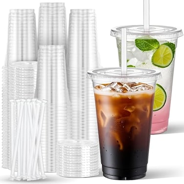 Charmount 24 oz Clear Plastic Cups with Lids and Straws 100 Sets Disposable To Go Cups for Cold Drinks Iced Coffee Coffee Bar Accessories Smoothies