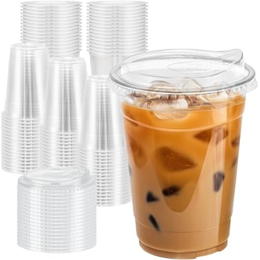 Clawsoff 16 oz 100 Pack Clear Plastic Cups with Lids Sturdy Iced Coffee Cups with Sip Lids Disposable Food Safe Smoothie Cup for Cold Drinks Juice Milkshake