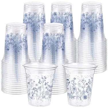 Hushee 60 Pcs Blue Floral Cups with Spring Summer Flower 16 oz Wildflowers Plastic Disposable Drinking Cups for Summer Spring Birthday Baby Shower Wedding Party Supplies