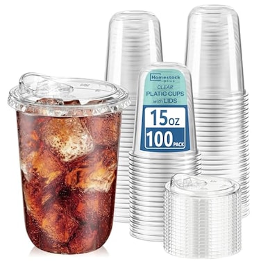 Homestockplus 15 oz Clear Plastic Cups with Lids 100 Pack Strawless Sip Lids LeakProof BPAFree Iced Coffee Cups Disposable Cold Drink Cups for Smoothies Milkshake Parties Events
