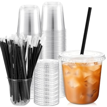 Ziliny 50 Set Clear Plastic Cups with Lids and Straws PET Disposable Iced Coffee Cups for Drinking Cold Beverage Juice Parfait Smoothie Milkshake Shop Party Supplies Clear CupBlack Straw12 oz