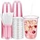 Ziliny 50 Sets Clear Plastic Cups with Lids and Straws Disposable Iced Coffee Cups Drinking PET for Cold Drinks Juice Smoothie Coffee Shops Party Christmas 16 ozPink