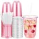Ziliny 50 Sets Clear Plastic Cups with Lids and Straws Disposable Iced Coffee Cups Drinking PET for Cold Drinks Juice Smoothie Coffee Shops Party Christmas 16 ozPink