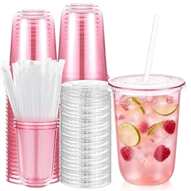 Ziliny 50 Sets Clear Plastic Cups with Lids and Straws Disposable Iced Coffee Cups Drinking PET for Cold Drinks Juice Smoothie Coffee Shops Party Christmas 16 ozPink