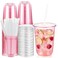 Ziliny 50 Sets Clear Plastic Cups with Lids and Straws Disposable Iced Coffee Cups Drinking PET for Cold Drinks Juice Smoothie Coffee Shops Party Christmas 16 ozPink