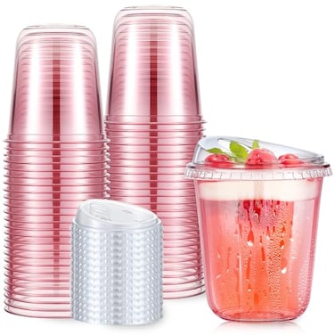 Ziliny 50 Sets Clear Plastic Coffee Cups with Sip Lids Disposable Plastic PET Crystal Cups for Iced Coffee Smoothie Cold Beverage Drink Shops and Party Catering Clear Pink14 oz