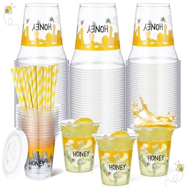 Umigy 100 Pack Honey Bee Plastic Disposable Cups with Lids and Straws 12 oz Disposable Cups for Juice Water Coffee Summer Party Sports Party SuppliesBee