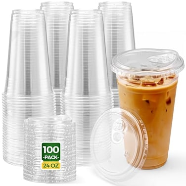Glotoch Express Clear Plastic Cups with Lids 100 Sets 24oz Disposable Crystal Iced Coffee Cups Strawless Sip Lids BPA Free Sturdy To Go Cup for Smoothie Cold Drinks Juice Party Wedding Event