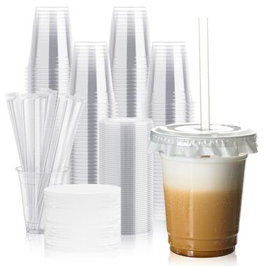 JOLLY CHEF 100 Pack 12 oz Clear Plastic Cups with Lids and Straws Disposable Iced Coffee Cups with Lids for Smoothies Milkshakes Cold Drinks Includes Paper Lid Liners