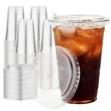 VPACKDUO Plastic Cups with Lids 16 oz 100 pack Clear Disposable Iced Coffee Cups with Strawless Sip Lids Drink Cup for Cold Drinks Iced Coffee