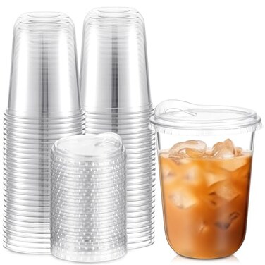 Baderke 50 Pcs Round Bottom Plastic Cups with Sip Lids Clear Disposable Iced Coffee Cups for Smoothie Cold Beverage Coffee Shops and Party Catering16 ozClear