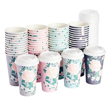 BLUE PANDA Paper Coffee Cups 16 Oz 48 Count 4 Pastel Floral Colors Disposable Cups with Lids for Hot Cold Coffee Tea to Go