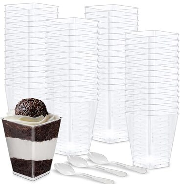 Oasis Creations Square Dessert Cup 55 ounce 50 Count Spoons Included Clear Plastic Large Appetizer Cup Tall Dessert CupTasting Cup Parfait CupDisposable or Reusable