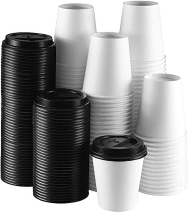 NYHI 100 Pack 12 oz White Paper Disposable Coffee Cups with Black Lids Hot Cold Beverage Drinking Cup for Water Juice Espresso Tea Ideal for Water Coolers Party