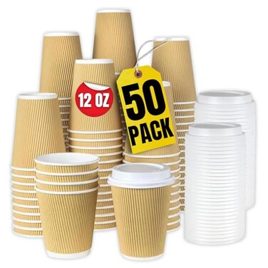 1InTheHome 12 oz Coffee Cups With Lids Disposable Insulated Ripple Wall Paper Coffee Hot Cups 50 Cup 50 Lids