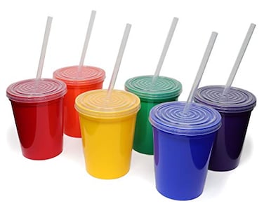 Rolling Sands 16 Oz Reusable Plastic Stadium Cups with Lids 6 Pack USA Made Tumblers and Lids Includes 6 Reusable Straws Dishwasher Safe Rainbow