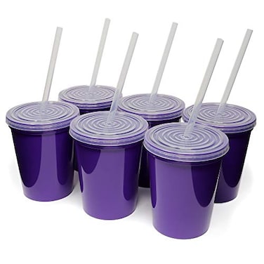 Rolling Sands 16 Oz Reusable Plastic Stadium Cups with Lids 6 Pack USA Made Tumblers and Lids Includes 6 Reusable Straws Dishwasher Safe Purple