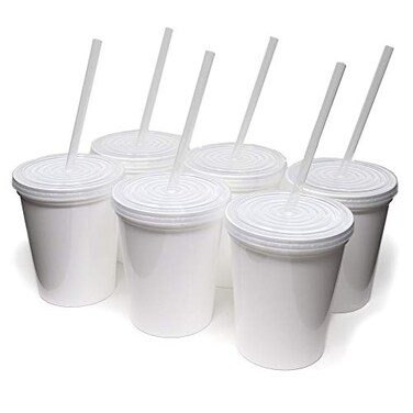Rolling Sands 16 Oz Reusable Plastic Stadium Cups with Lids 6 Pack USA Made Plastic Tumblers and Lids Includes 6 Reusable Straws Dishwasher Safe White
