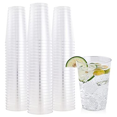 FOCUSLINE 12 oz Clear Plastic Cups Disposable Heavy Duty Hard Plastic Cups Reusable 100 Count