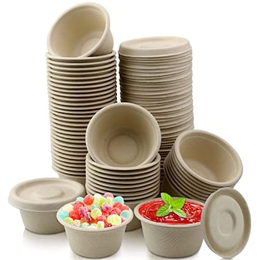 Vmiapxo 100 Sets 2oz Natural Bagasse Fiber Condiment Cups with Lids Compostable Sauce Condiment Containers Disposable Paper Dishes Serving Sample Cups for Snack Tasting Charcuterie